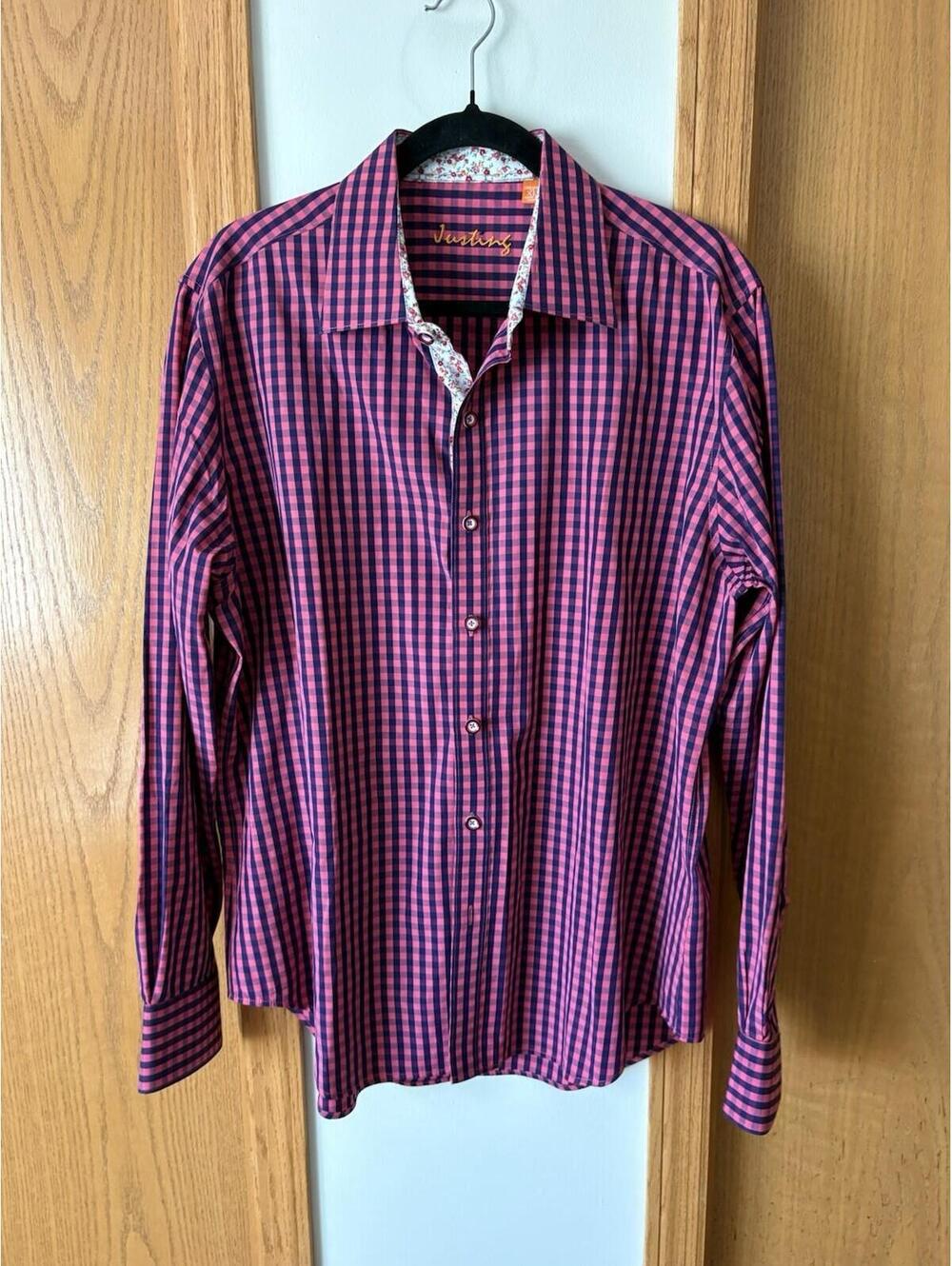 Justins Mens Tailored Fit Long Sleeve Button Check Plaid Floral Accent Pink XL